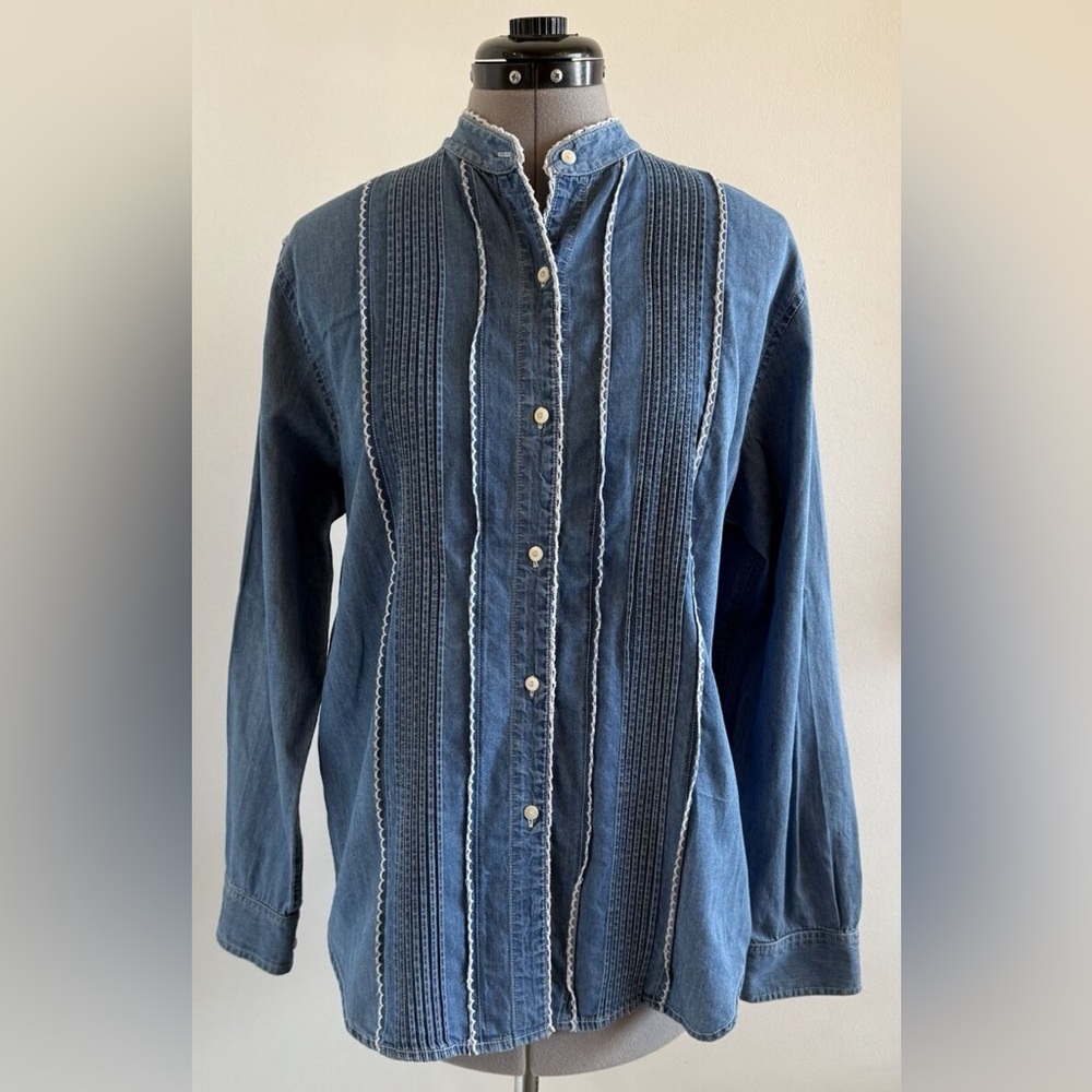 Ralph Lauren Lauren Jeans Co Vintage Chambray Blue Denim Ruffle Cottage Top 16 S - Picture 10 of 10